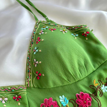 Grass Green Exquisite Floral Embroidery Spring Fairy Retro Fashion Spaghetti Strap Midi satin Ball Gown Evening Dress Birthday Party Dress Prom Dress gh3647