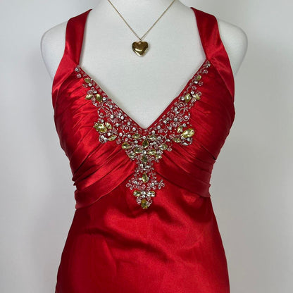Red beautiful elegant fashion exquisite beaded spaghetti straps long satin slit prom dress ball gown evening dress party dress gh3542