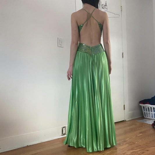 Green Vintage Fashion Playful Deep V Exquisite Beaded Sequin Camisole Long Backless Satin Fairy Ball Gown Prom Dress Evening Gown Birthday Party Dress gh3960