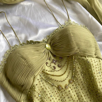 Green Gold Retro Fashion Beautiful Fantasy Exquisite Rhinestone Gemstone Beaded Spaghetti Straps Long Chiffon Lace Ball Gown Evening Party Dress Prom Dress gh3755