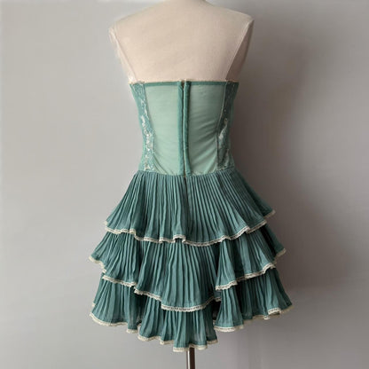 Vintage Green Beaded Design Elegant Sleeveless Strapless Tiered Homecoming Dress TP3509