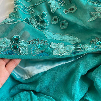 Green Beautiful Vintage Gorgeous Fashion Elegant Exquisite Beaded Sequined Strapless Long Asymmetric Chiffon Flowing Ball Gown Evening Dress Birthday Wedding Guest/Birthday Party Dress Prom Dress gh4016