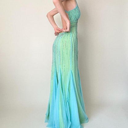 Green Blue Vintage Beads Rhinestones Women's Tulle Mermaid Slim Fit Long Prom Dress Vintage Backless Stunning Formal Ball Gown Evening Dress gh4589
