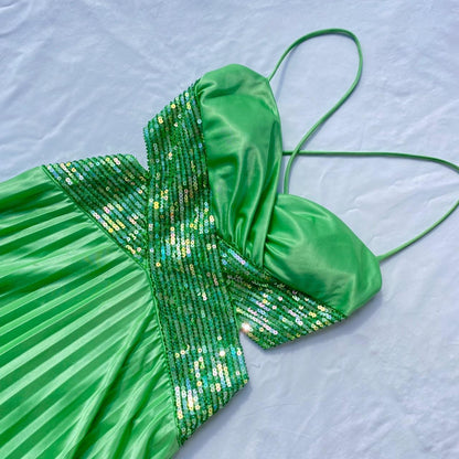 Green Vintage Fashion Playful Deep V Exquisite Beaded Sequin Camisole Long Backless Satin Fairy Ball Gown Prom Dress Evening Gown Birthday Party Dress gh3960