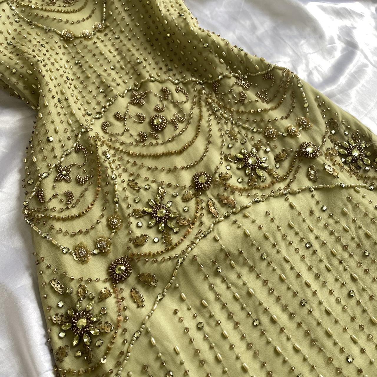 Green Gold Retro Fashion Beautiful Fantasy Exquisite Rhinestone Gemstone Beaded Spaghetti Straps Long Chiffon Lace Ball Gown Evening Party Dress Prom Dress gh3755