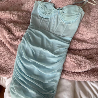 Vestido de fiesta vintage azul claro con escote en forma de corazón y tirantes finos, TP3749