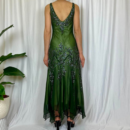 Green Vintage V Neck Elegant Exquisite Beaded Long Chiffon Ball Gown Evening Gown Party Dress Prom Gown gh3707
