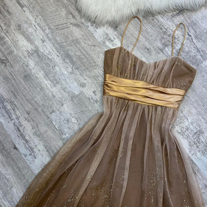 Brown pretty cute glitter gold flower sequin short tulle homecoming dress prom dress evening dress birthday dress gh4314