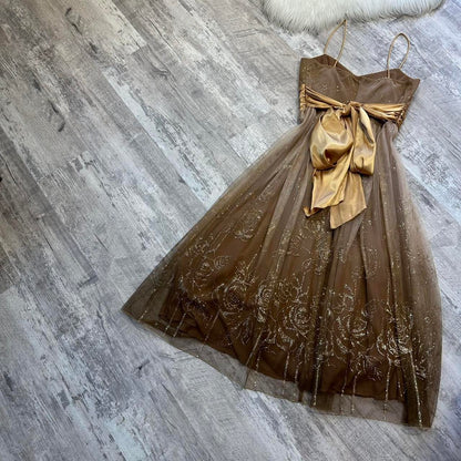 Brown pretty cute glitter gold flower sequin short tulle homecoming dress prom dress evening dress birthday dress gh4314