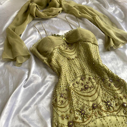 Green Gold Retro Fashion Beautiful Fantasy Exquisite Rhinestone Gemstone Beaded Spaghetti Straps Long Chiffon Lace Ball Gown Evening Party Dress Prom Dress gh3755