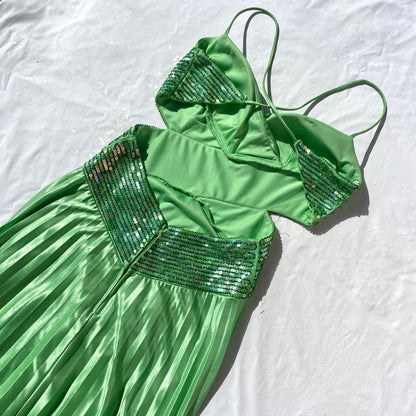 Green Vintage Fashion Playful Deep V Exquisite Beaded Sequin Camisole Long Backless Satin Fairy Ball Gown Prom Dress Evening Gown Birthday Party Dress gh3960