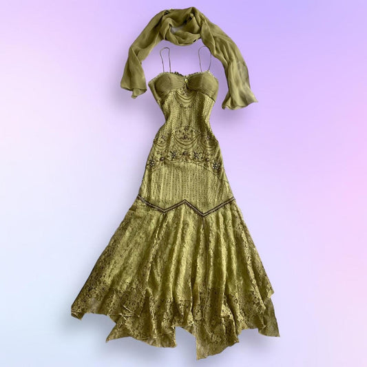 Green Gold Retro Fashion Beautiful Fantasy Exquisite Rhinestone Gemstone Beaded Spaghetti Straps Long Chiffon Lace Ball Gown Evening Party Dress Prom Dress gh3755