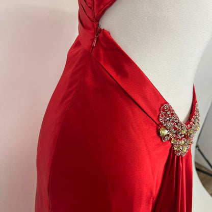 Red beautiful elegant fashion exquisite beaded spaghetti straps long satin slit prom dress ball gown evening dress party dress gh3542