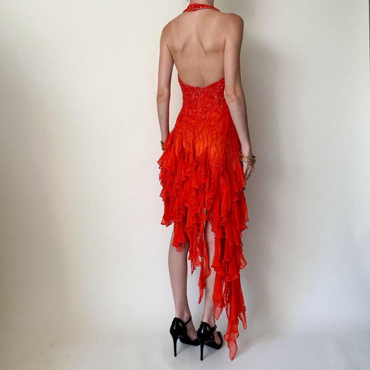 Orange Sequin Beaded Ruffle Chiffon Short/Mid-Length Homecoming Dress Dance Dress Party Dress gh5084