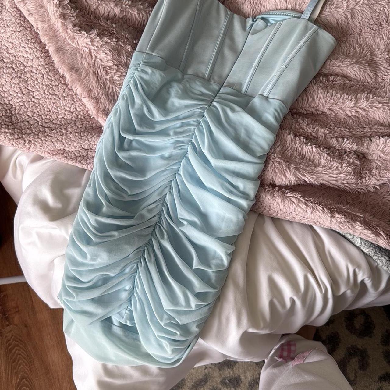 Vestido de fiesta vintage azul claro con escote en forma de corazón y tirantes finos, TP3749