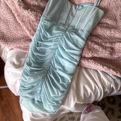 Vestido de fiesta vintage azul claro con escote en forma de corazón y tirantes finos, TP3749