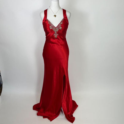 Red beautiful elegant fashion exquisite beaded spaghetti straps long satin slit prom dress ball gown evening dress party dress gh3542