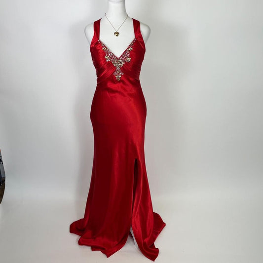 Red beautiful elegant fashion exquisite beaded spaghetti straps long satin slit prom dress ball gown evening dress party dress gh3542