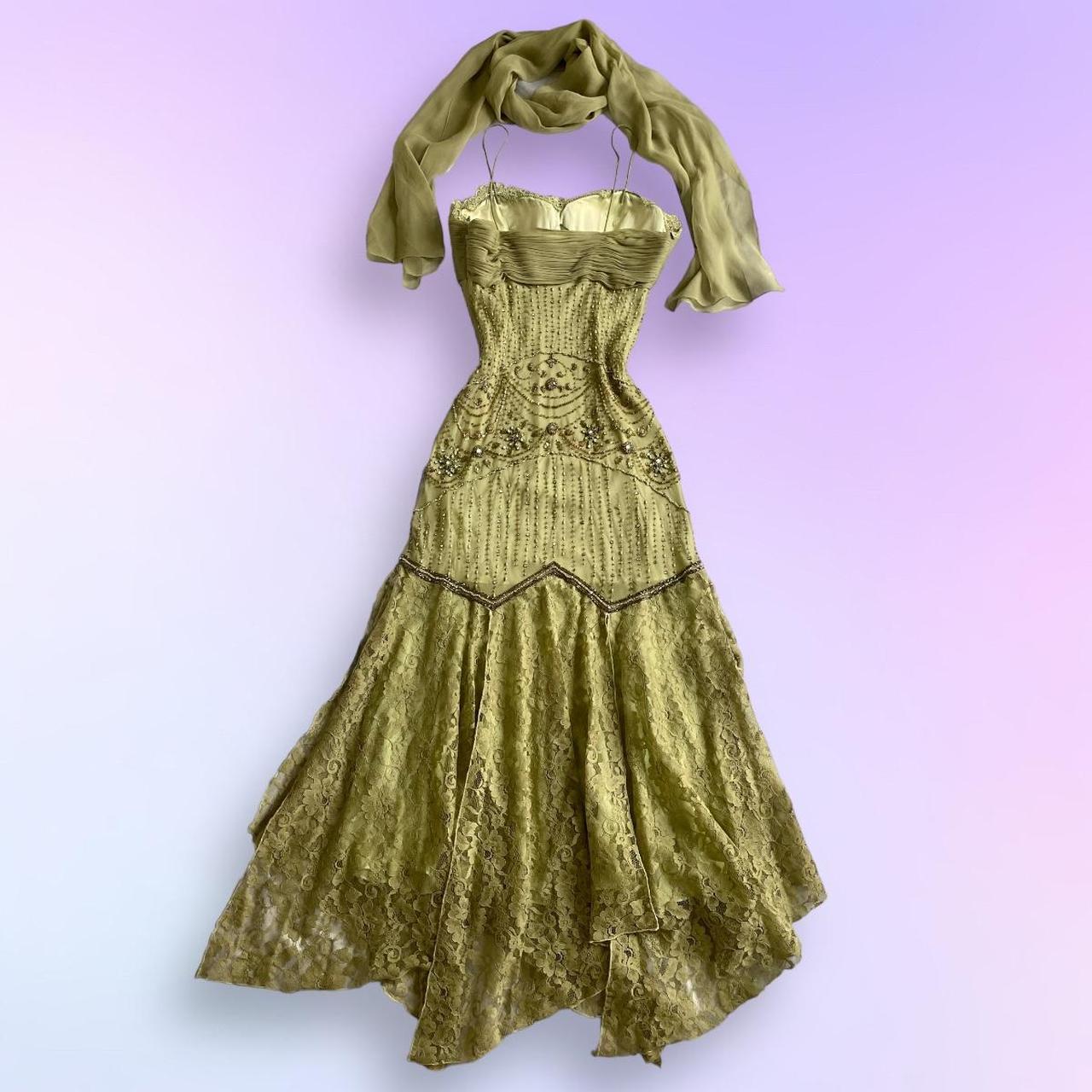 Green Gold Retro Fashion Beautiful Fantasy Exquisite Rhinestone Gemstone Beaded Spaghetti Straps Long Chiffon Lace Ball Gown Evening Party Dress Prom Dress gh3755