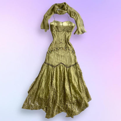 Green Gold Retro Fashion Beautiful Fantasy Exquisite Rhinestone Gemstone Beaded Spaghetti Straps Long Chiffon Lace Ball Gown Evening Party Dress Prom Dress gh3755