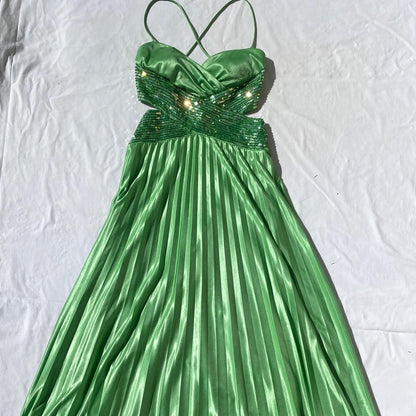 Green Vintage Fashion Playful Deep V Exquisite Beaded Sequin Camisole Long Backless Satin Fairy Ball Gown Prom Dress Evening Gown Birthday Party Dress gh3960