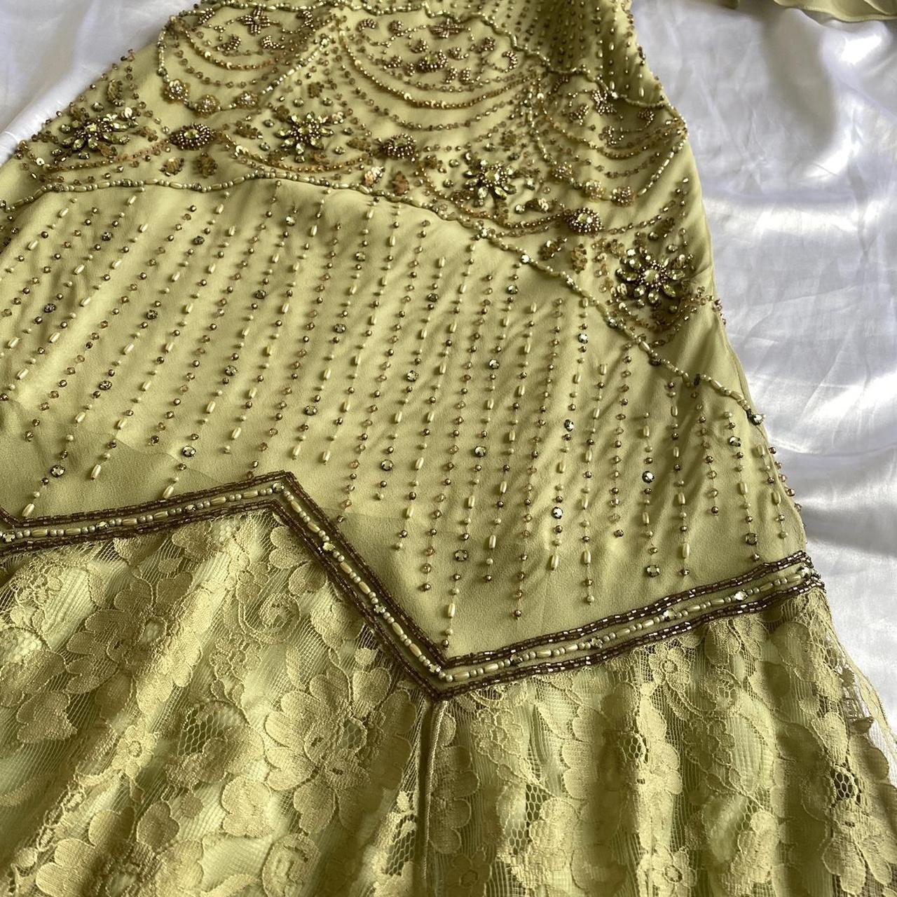 Green Gold Retro Fashion Beautiful Fantasy Exquisite Rhinestone Gemstone Beaded Spaghetti Straps Long Chiffon Lace Ball Gown Evening Party Dress Prom Dress gh3755