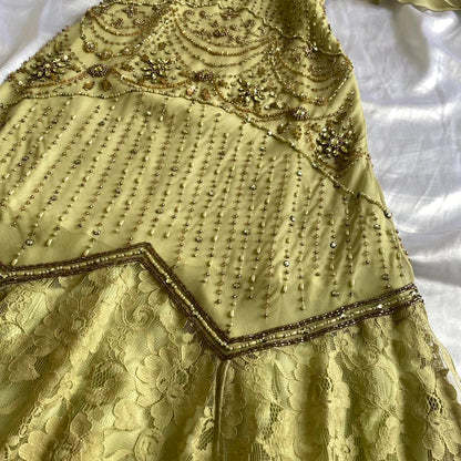 Green Gold Retro Fashion Beautiful Fantasy Exquisite Rhinestone Gemstone Beaded Spaghetti Straps Long Chiffon Lace Ball Gown Evening Party Dress Prom Dress gh3755