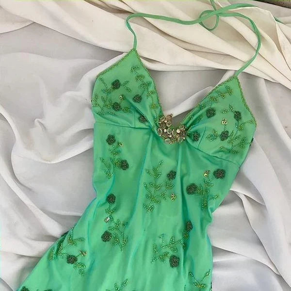 Blue Green Forest Moonlight Goddess Backless Mermaid Style Beading Elegant Long Chiffon Birthday Dress Prom Dress Party Dress Homecoming Dress  gh4671