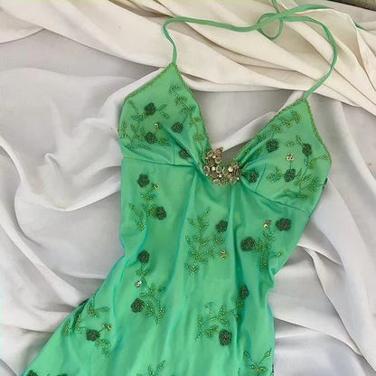 Blue Green Forest Moonlight Goddess Backless Mermaid Style Beading Elegant Long Chiffon Birthday Dress Prom Dress Party Dress Homecoming Dress  gh4671