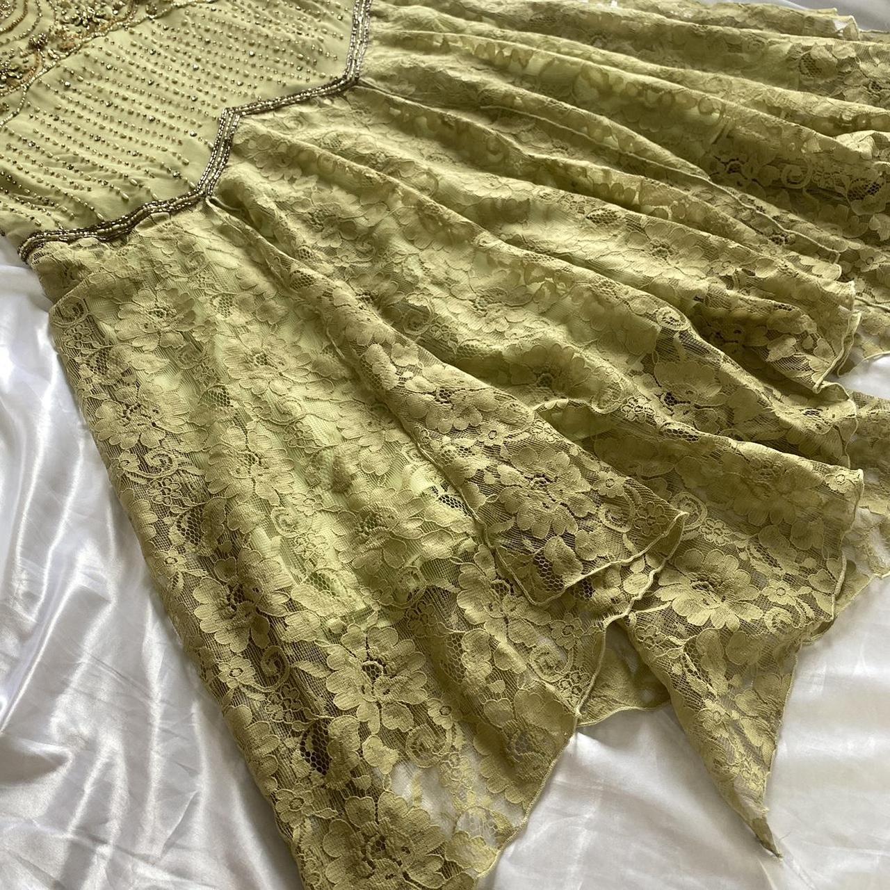 Green Gold Retro Fashion Beautiful Fantasy Exquisite Rhinestone Gemstone Beaded Spaghetti Straps Long Chiffon Lace Ball Gown Evening Party Dress Prom Dress gh3755