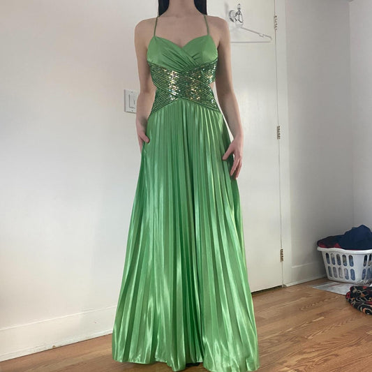 Green Vintage Fashion Playful Deep V Exquisite Beaded Sequin Camisole Long Backless Satin Fairy Ball Gown Prom Dress Evening Gown Birthday Party Dress gh3960
