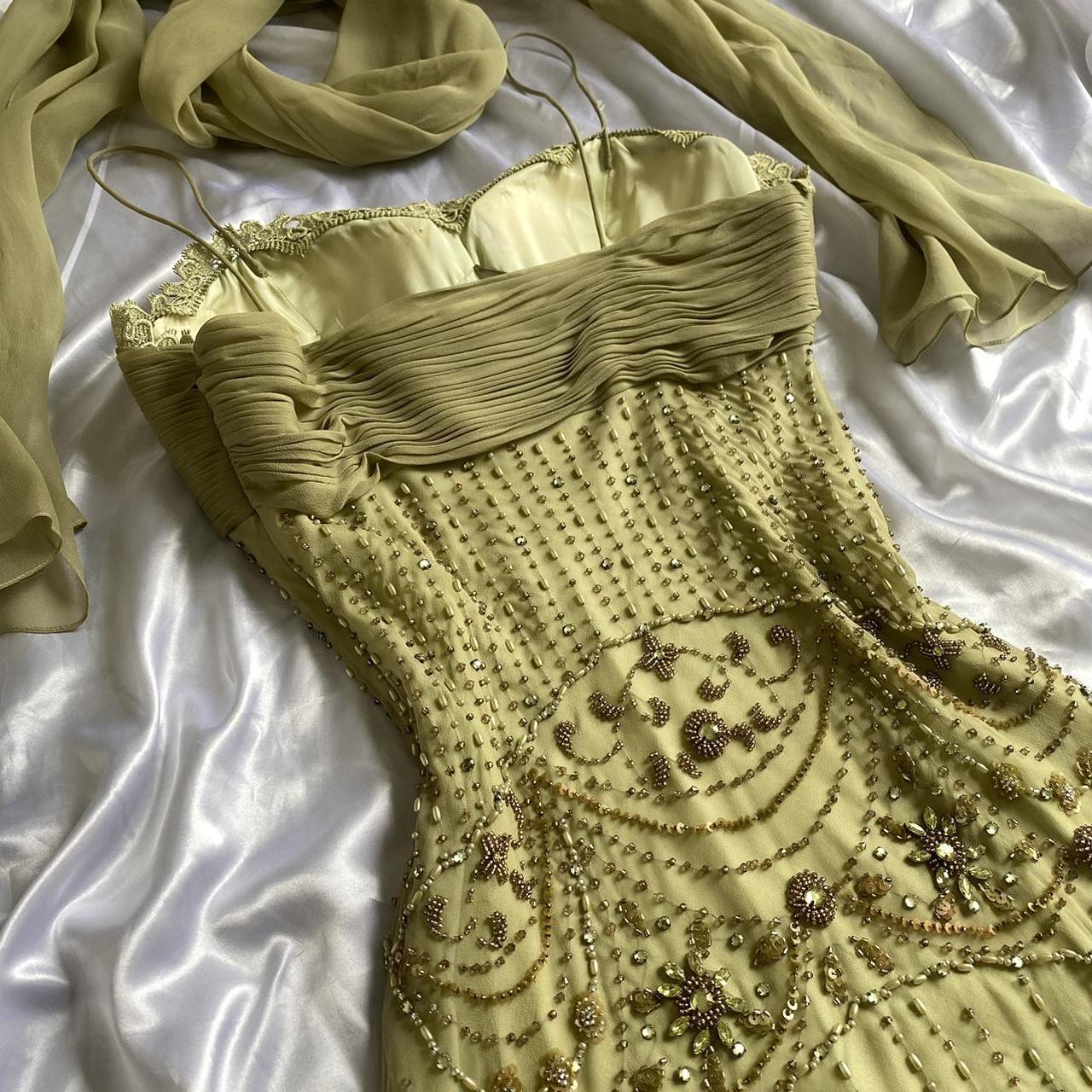 Green Gold Retro Fashion Beautiful Fantasy Exquisite Rhinestone Gemstone Beaded Spaghetti Straps Long Chiffon Lace Ball Gown Evening Party Dress Prom Dress gh3755