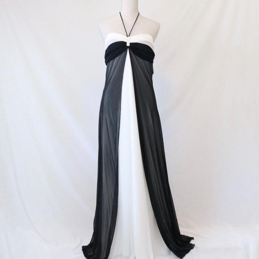 Black and white vintage fashion stunning high waist halter neckline long Chiffon Tulle prom dress evening gown party dress bridesmaid dress gh3605
