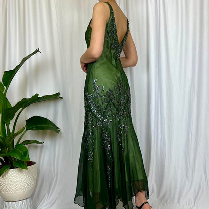 Green Vintage V Neck Elegant Exquisite Beaded Long Chiffon Ball Gown Evening Gown Party Dress Prom Gown gh3707