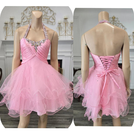 Vestido de fiesta vintage rosa con lentejuelas, sin mangas y cuello halter, TP3512