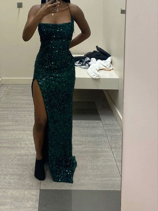 Hermosos vestidos de fiesta largos de sirena con lentejuelas verde oscuro y abertura