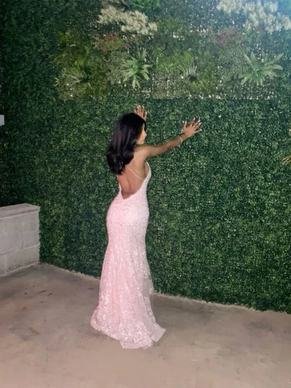 Enchanting Pink Lace Backless Mermaid Long Prom Dress Party Dress Evening Dress TP4490