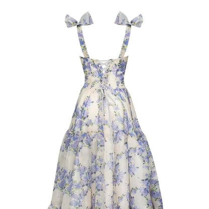 Blue white beautiful charming floral print sweetheart neckline A-line long chiffon ball gown evening dress wedding holiday party dress gh1790