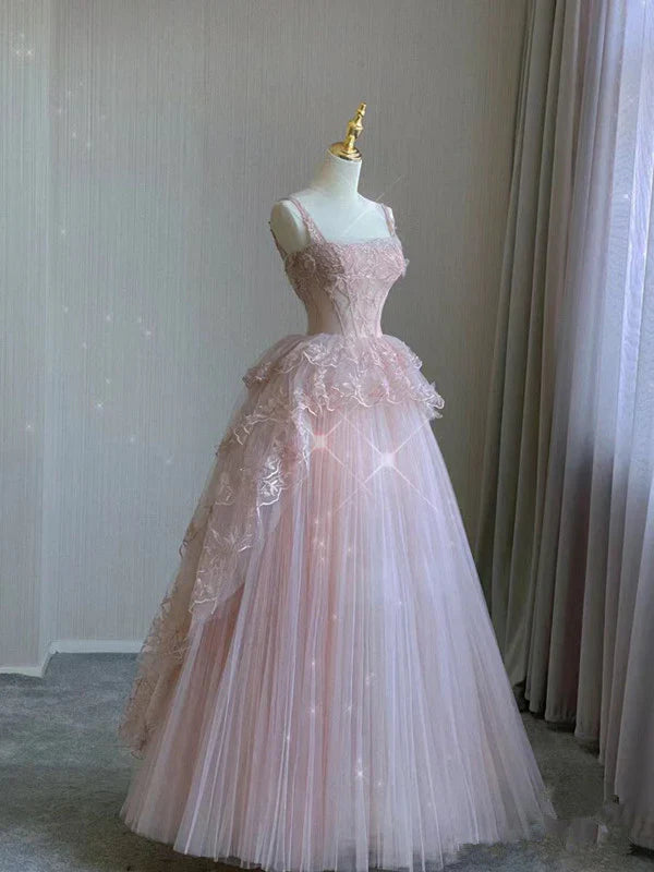 Vintage Pink Lace Shiny Sequin A-Line Tulle Prom Dress Party Dress Evening Dress TP4505