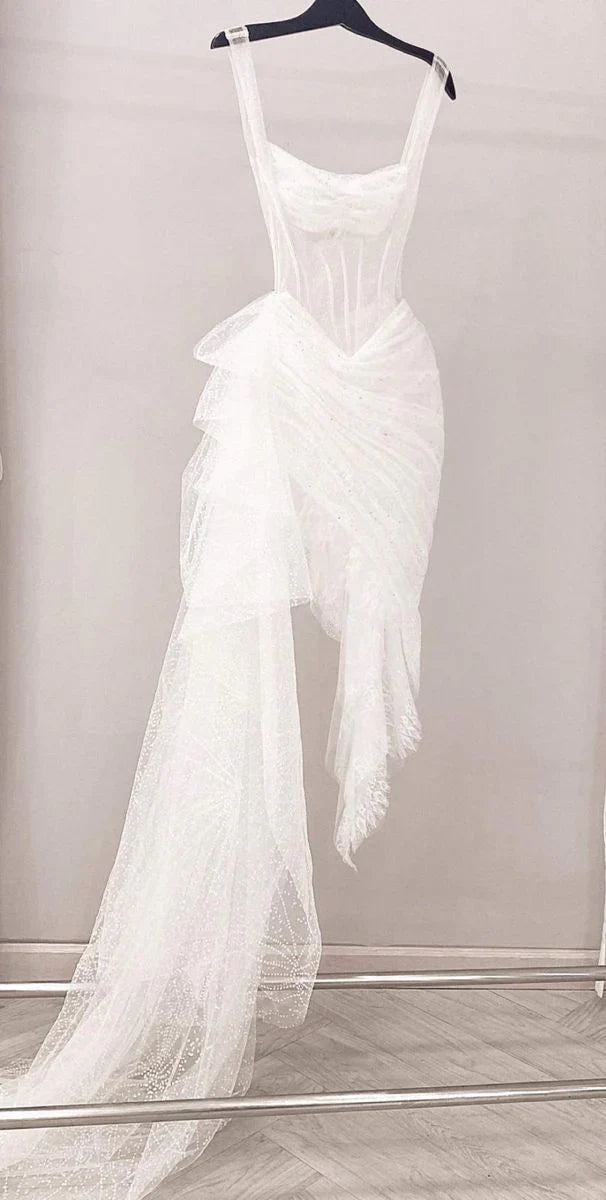 Vestido vintage blanco con falda irregular y dobladillo de tul, vestido de fiesta, vestido de noche TP4500