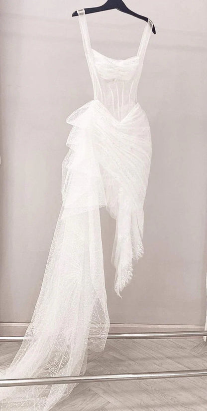 Vestido vintage blanco con falda irregular y dobladillo de tul, vestido de fiesta, vestido de noche TP4500