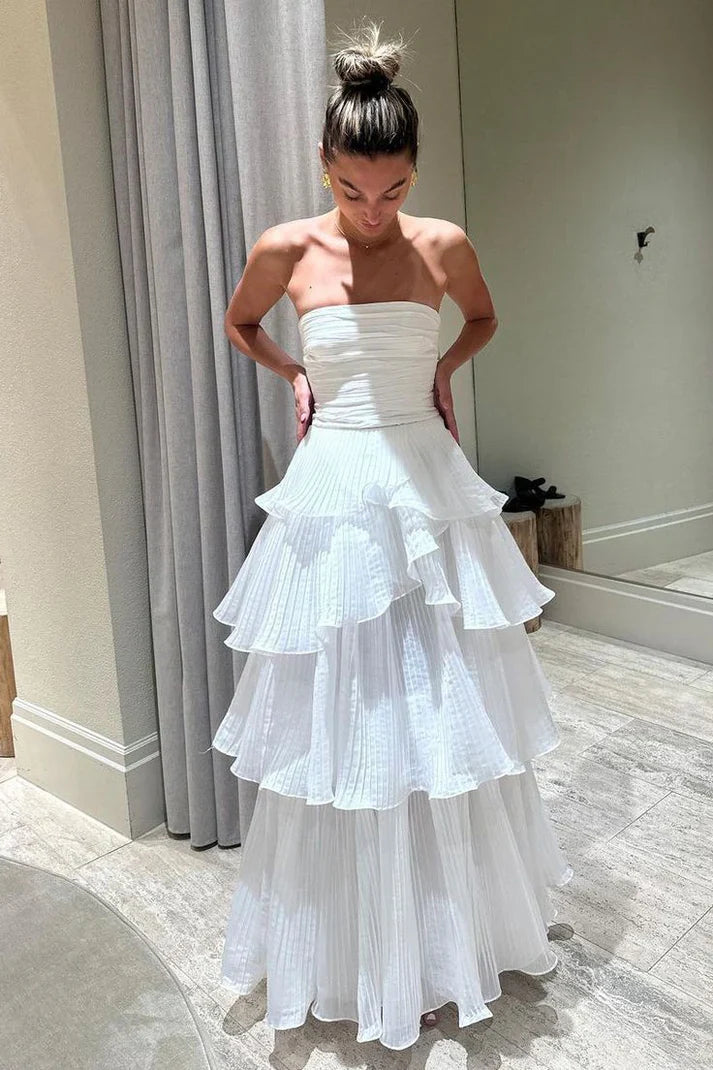 Vintage White Chiffon Strapless A-Line Tiered Prom Dress Party Dress Evening Dress TP4504