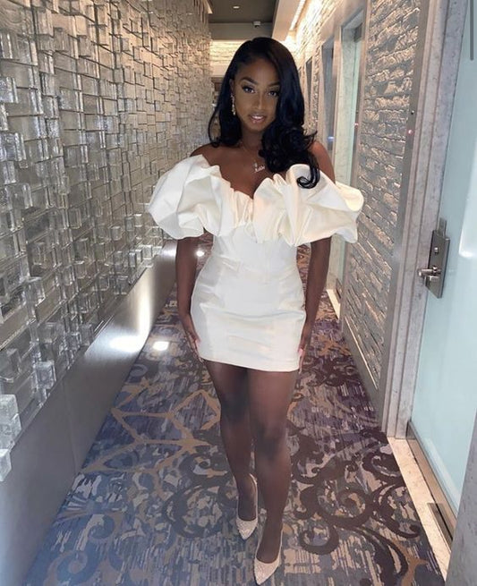 Vintage White Off-the-shoulder Satin Design Bodycon Party Dress Homecoming Dress TP4133