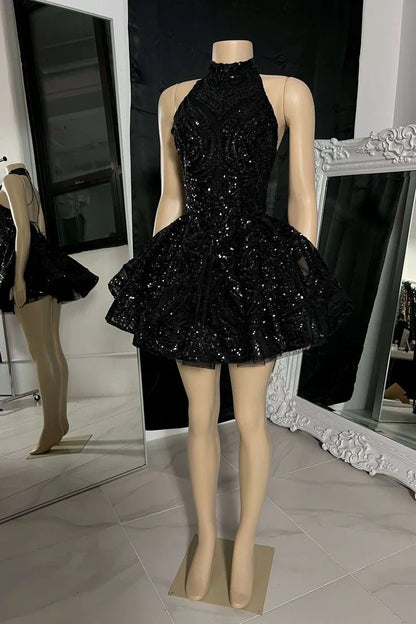 Vestido retro negro con lentejuelas brillantes, estilo halter, corte A, con capas, para fiesta y regreso a casa, TP4132