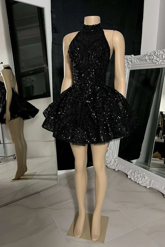 Retro Black Sparkling Sequin Halter Dress Design A-Line Tiered Party Dress Homecoming Dress TP4132