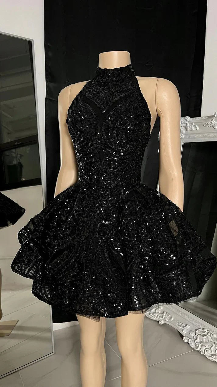 Vestido retro negro con lentejuelas brillantes, estilo halter, corte A, con capas, para fiesta y regreso a casa, TP4132