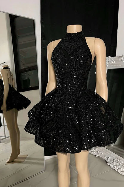 Vestido retro negro con lentejuelas brillantes, estilo halter, corte A, con capas, para fiesta y regreso a casa, TP4132