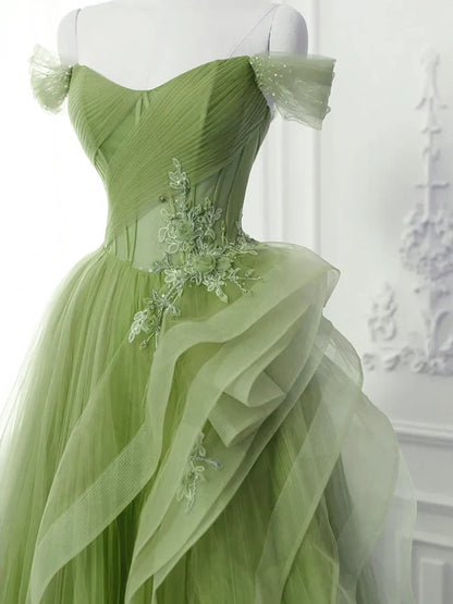 A-Line Layered Tulle Long Prom Dress,Green Birthday Dresses