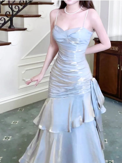 Vestidos de fiesta largos de sirena modestos con tirantes finos para fiesta de cumpleaños y noche