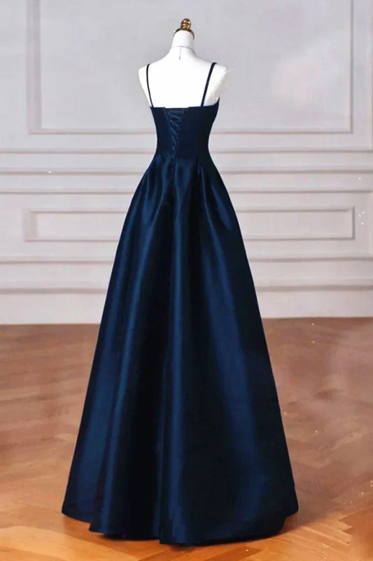Navy Blue Satin Straps Long Formal Dresses Ball Gown Dress for Woman